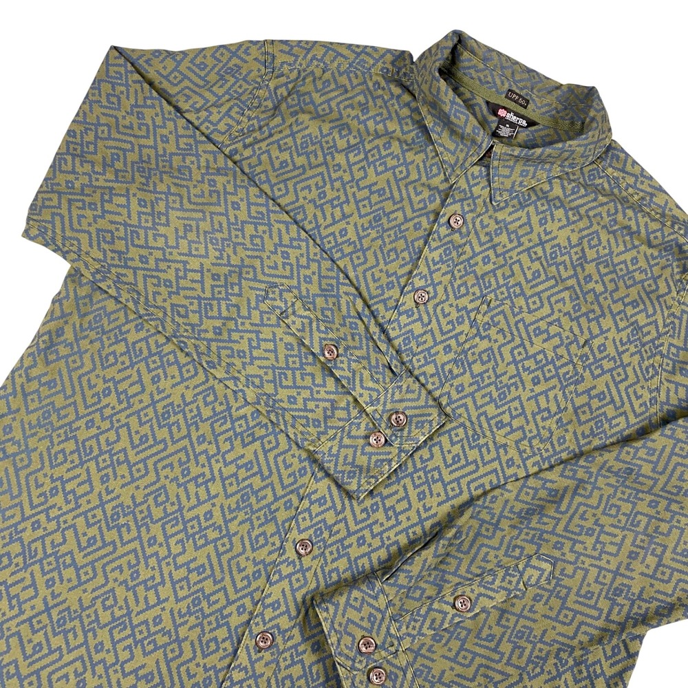 Sherpa Mens Button Down Shirt XL Green Blue Geometric UPF 50+ Long Sleeve
